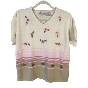 TanJay Petites Cream Floral Embroidery Knit Top Size MP Cottagecore Vintage